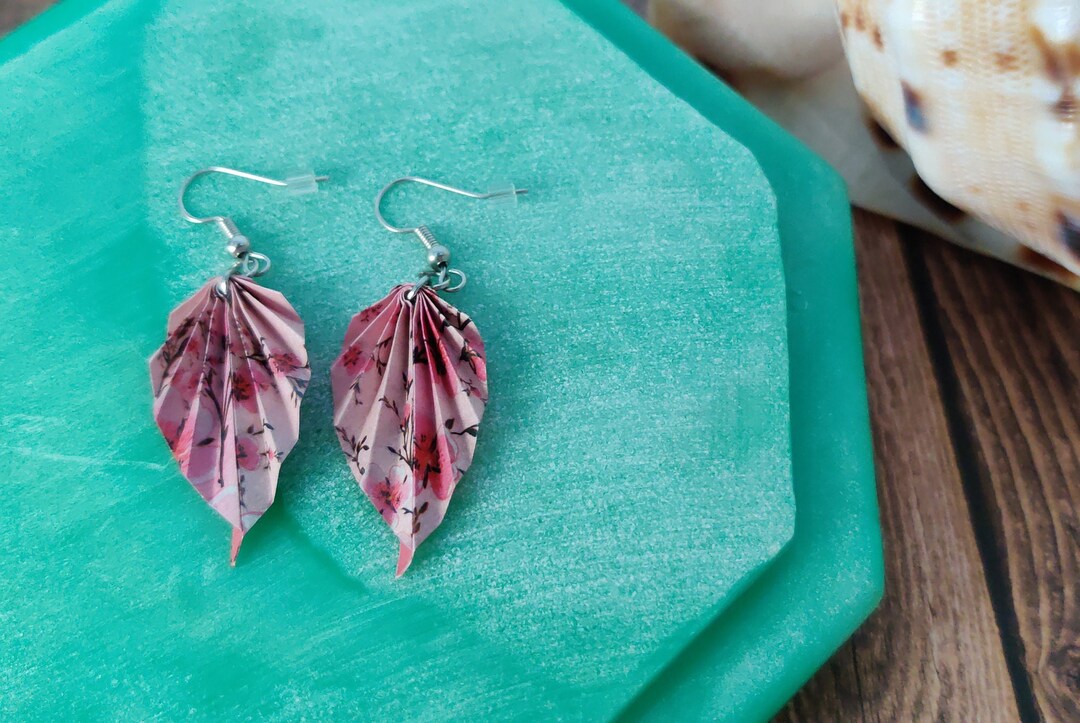Origami Leaf Earrings Cherry Blossom Chiyogami Leaf Earrings