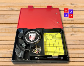 Soccer Referee Storage Box - Accessory for storing whistles, coins, badges, pens, red and yellow cards, notebook, and to use as a clipboard