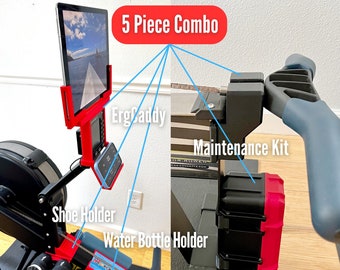 Tablet + Phone Holder + Water bottle & towel + Shoe Holder + Maintenance Kit (5items) for Concept2® Rower / RowErg® model D with PM5 Monitor