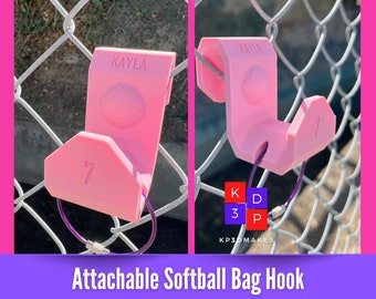 Attachable Softball Bag Hook Personalized for Hanging on Fence - FenceCaddy Makes a Great Gift for all Softball Players. Stays on Your Bag.