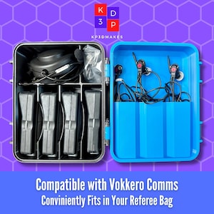 May include: Open black case with compartments holding communication equipment, including a headset, microphones, and four black devices. A separate blue case holds two earpieces. Text on the image reads "Compatible with Vokkero Comms, Conveniently Fits in Your Referee Bag."