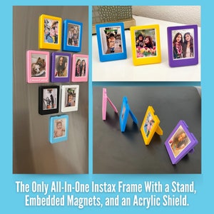 Personalized Instax Mini Picture Frame with protective acrylic, built-in stand to put on tabletop, and embedded magnets to put on fridge