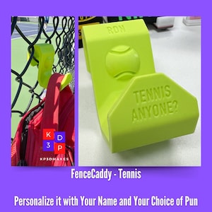 Tennis Bag Hook Personalized for Hanging on Fence - FenceCaddy is very strong and durable. Makes a Great Gift for Tennis Lovers.