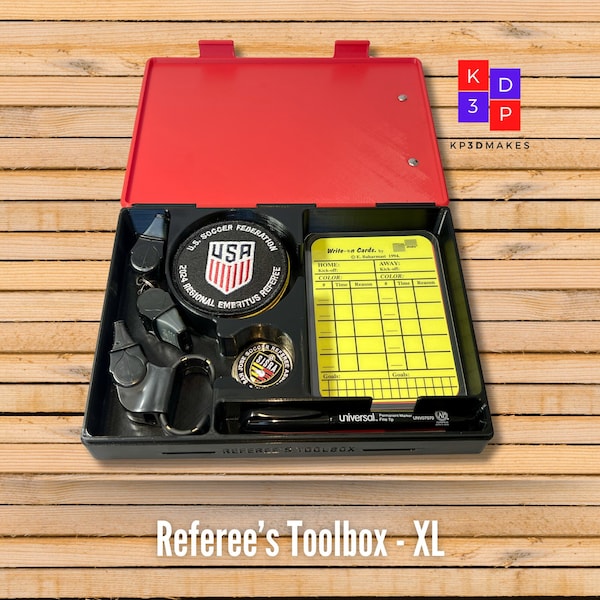 Soccer Referee Storage Box - Accessory for storing whistles, coins, badges, pens, red and yellow cards, notebook, and to use as a clipboard