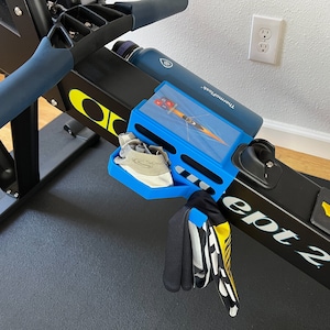 Blue Water bottle / towel / earphone holder compatible with Concept2® Rower / RowErg® with a spot for recording time or placing a picture