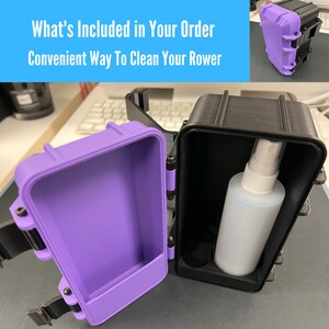 May include: A black and purple case with a spray bottle inside. The case is open, revealing a purple interior and a white spray bottle. Text on the image reads "What's Included in Your Order" and "Convenient Way To Clean Your Rower."