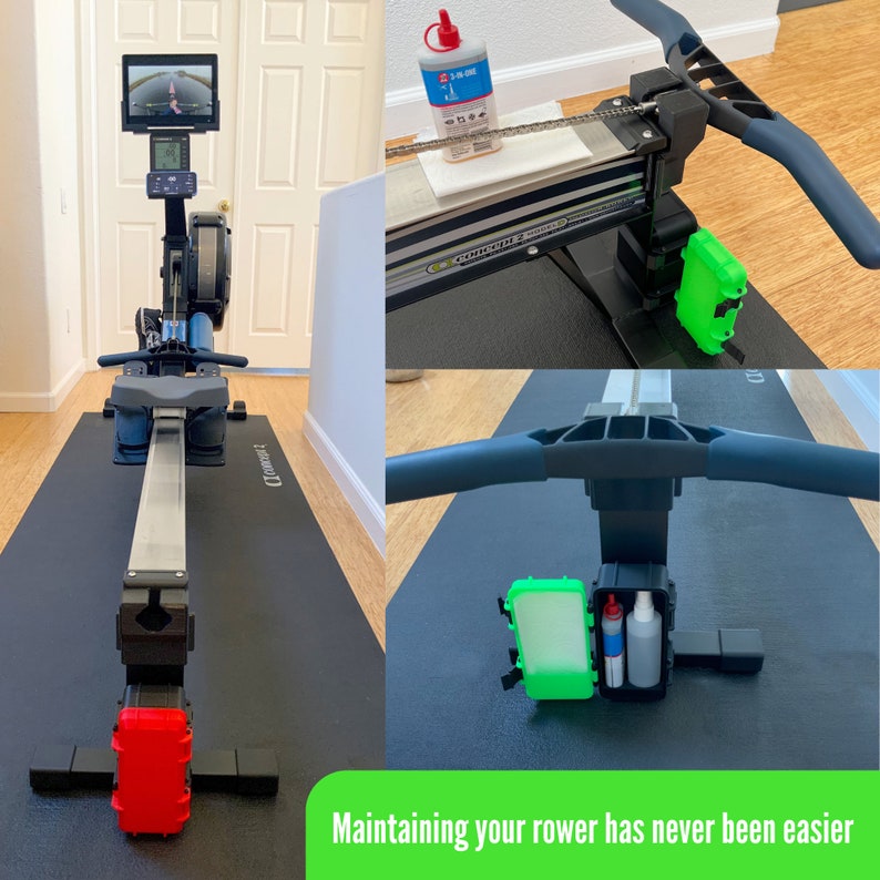 May include: A black rowing machine with a digital display, red and black accents, and a green container. The image also shows a bottle of lubricant and the text "Maintaining your rower has never been easier."