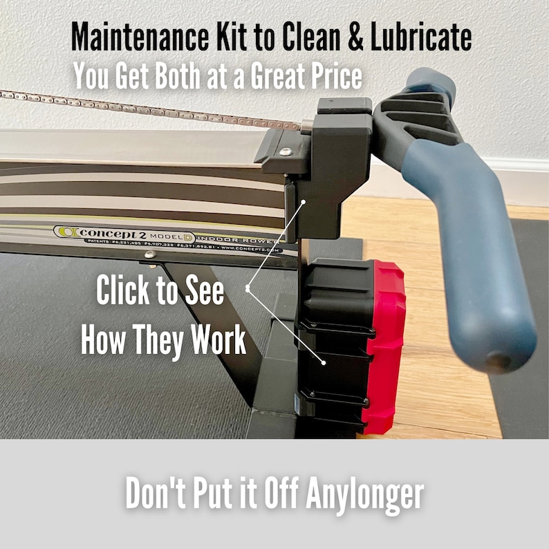 May include: Close-up of a Concept2 Model D indoor rower. The image shows the rower's chain, handle, and a portion of the frame. Text on the image reads "Maintenance Kit to Clean & Lubricate" and "Click to See How They Work."