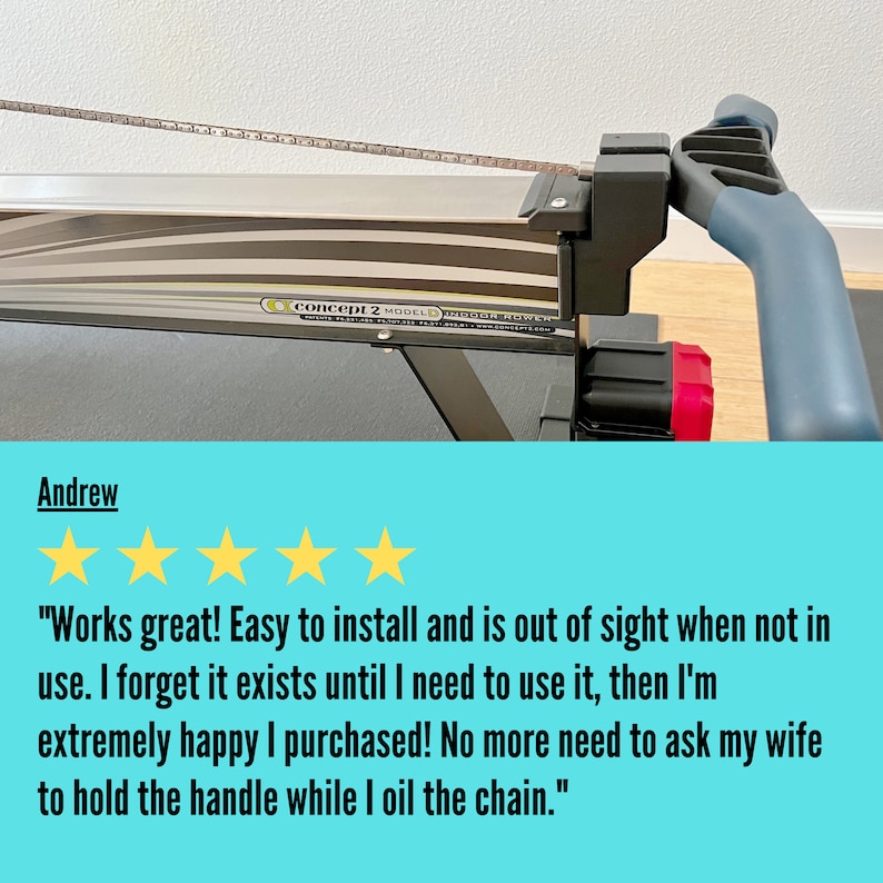 May include: A Concept2 Model D indoor rower with a gray and black frame, a blue handle, and a red adjustment knob. The text "concept 2 MODEL D" is visible. A customer review is included.