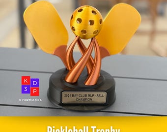 Custom Pickleball trophy with rackets and ball with personalized laser-engraved plaque. Perfect for your next tournament awards! 3D printed.