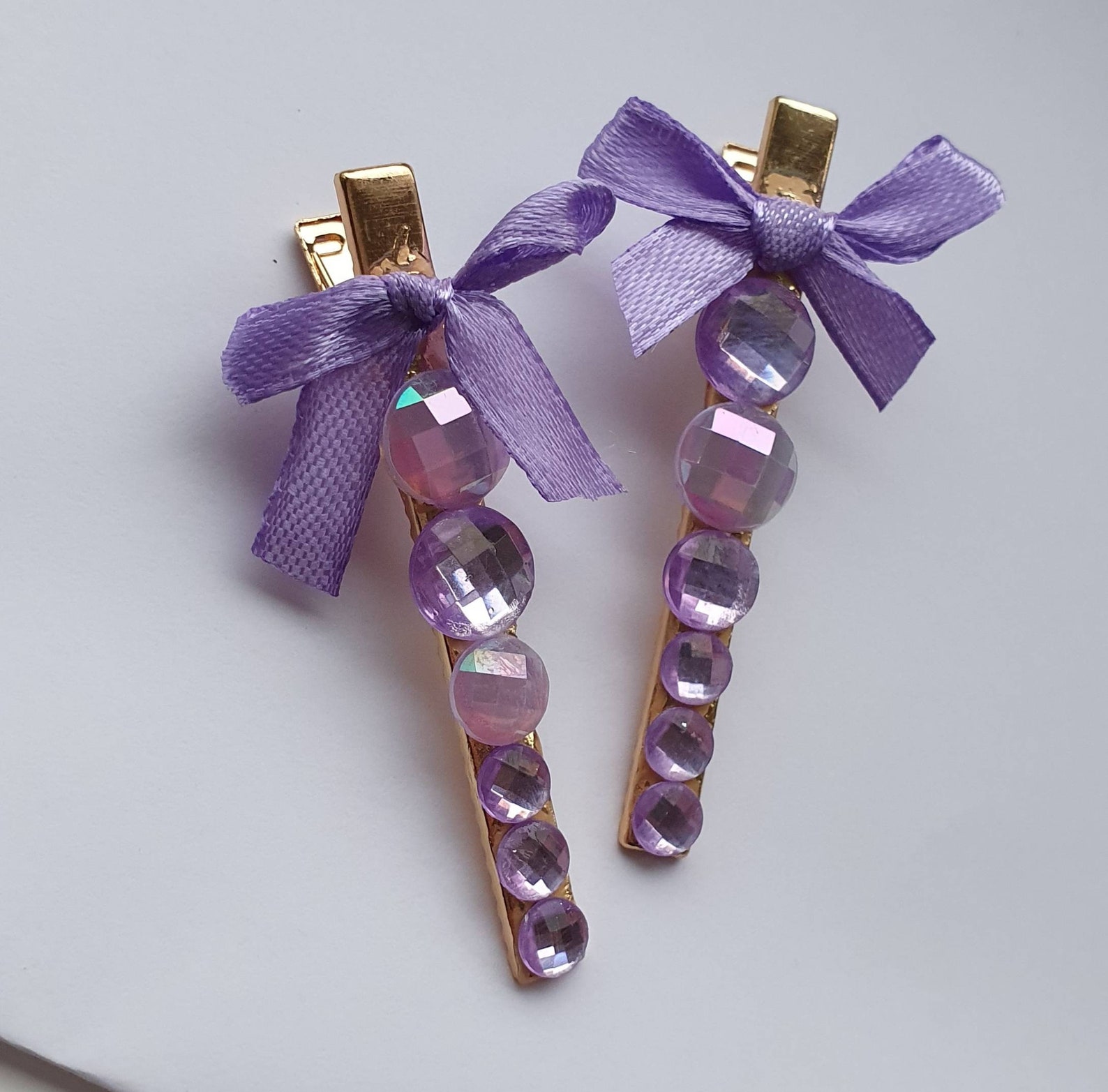 Purple ribbon and purple gem hair clip Etsy