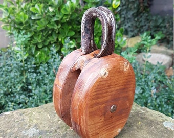 Old WOODEN AND BRASS PULLEY / Large size / Vintage decoration / Marine object / Industrial decoration