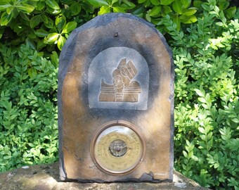 Vintage barometer on real slate / Hand carved JP. Maurol / Brittany Souvenir / Functional Precision Barometer