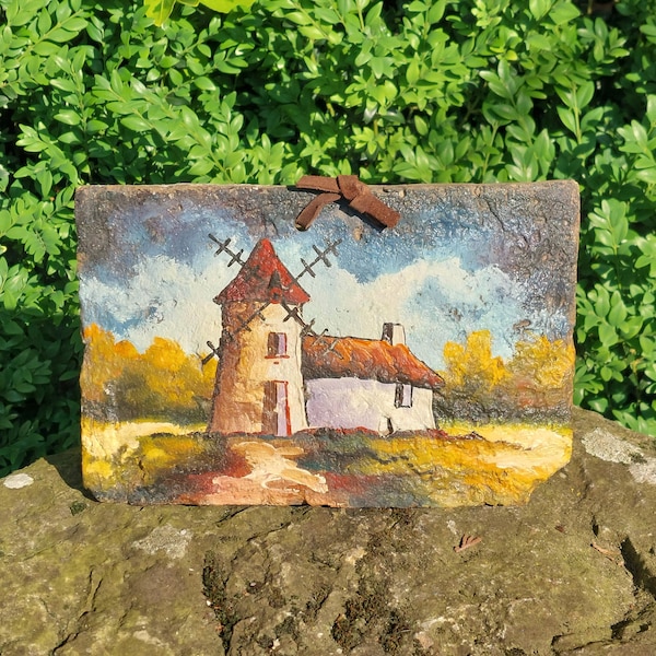 Artisanal painting on tile / Landscape with a windmill / Origin France / Handmade painting / Original creation / Wall decoration