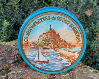 Old cylindrical box "Les Michelettes du Mont-Saint-Michel"/lithographed sheet metal /Made in France /Collection box & vintage decoration