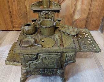 Vintage / Antique Toy Crescent Miniature Cast Iron Stove with Accessories
