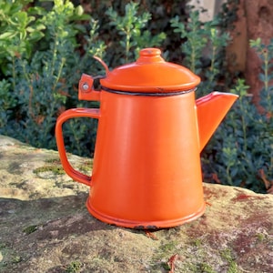 Old enameled steel coffee maker / Made in Italy / Red-Orange color / Vintage decoration / Retro decorative object, countryside