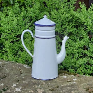 Old enameled sheet metal coffee maker with filter / White color / Vintage decoration / Superb retro, country decorative object