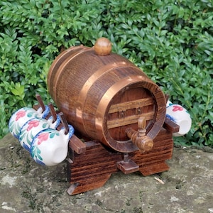 Small wooden calvados barrel, copper strapping / Art cooperage / 6 ceramic cups / Superb decorative object / Souvenir France