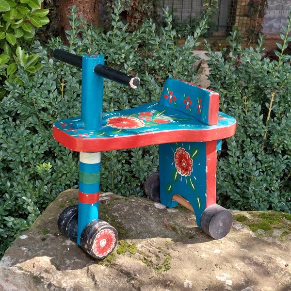 Old wooden balance bike / Hand-painted wooden walker, floral motifs / 100% wood / Origin France / Superb decorative object