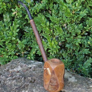 Könnte beinhalten: Eine Holzpfeife mit einem dunkelbraunen Stiel und einem geschnitzten Kopf in hellem Braun. Der Kopf weist ein geschnitztes Design auf. Die Pfeife liegt auf einem grauen Felsen mit einem Hintergrund aus grünem Laub.