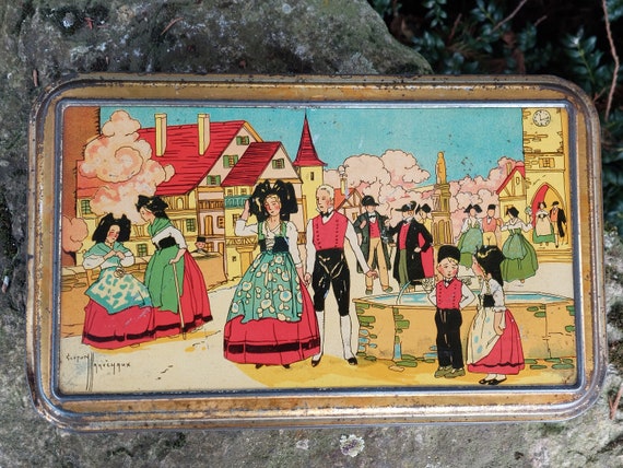 Old Lithographed Metal Box / Theme Alsace, Village, Costumes