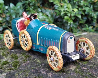 Reproducción de coche mecánico Bugatti en metal / SIN LLAVE / Juguete mecánico de cuerda / Colección de juegos y juguetes antiguos