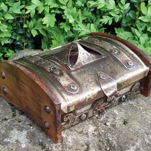Antique steel and wood box / Medieval style / Steel engravings / Vintage decoration / Storage box, treasure box