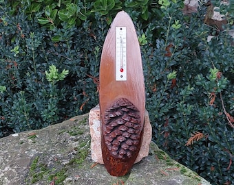 Vintage thermometer on wooden base with pine cone / Natural decor / Functional / Vintage and rustic decoration