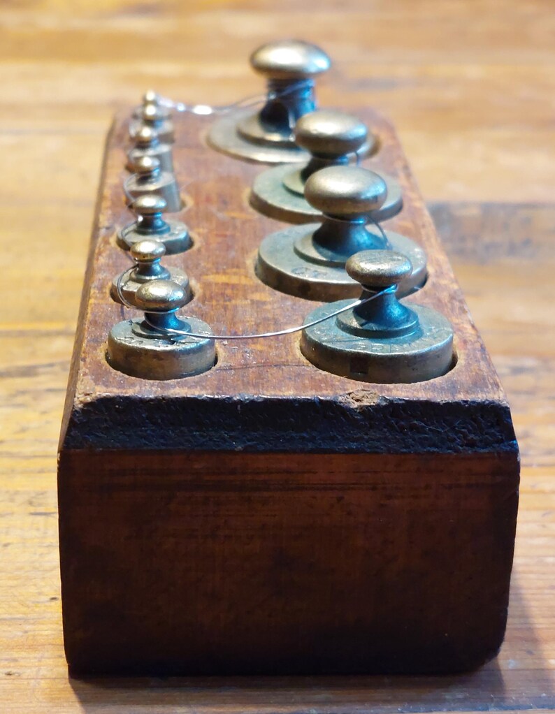 Antique Set of 11 Weights COMPLETE in Brass in Wooden Stand
