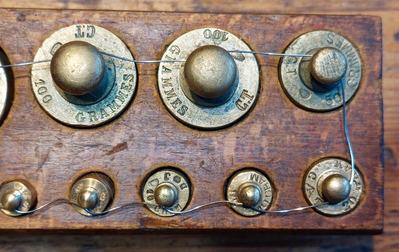 Antique Set of 11 Weights COMPLETE in Brass in Wooden Stand