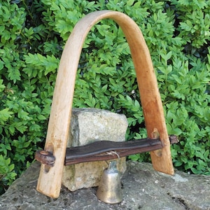 Antique goat bell or cowbell on curved wood / Handmade / Superb collection & decoration item / Made in France / Authentic