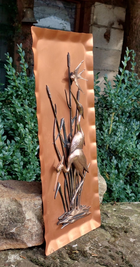 Old 3D Copper Painting / Swamp Decor, Herons and Birds / Relief
