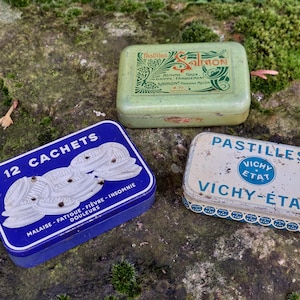 Lot 3 old boxes / KALMINE stamps, VICHY pastilles (State), SALMON pastilles /Collection of old boxes /Origin France /Authentic