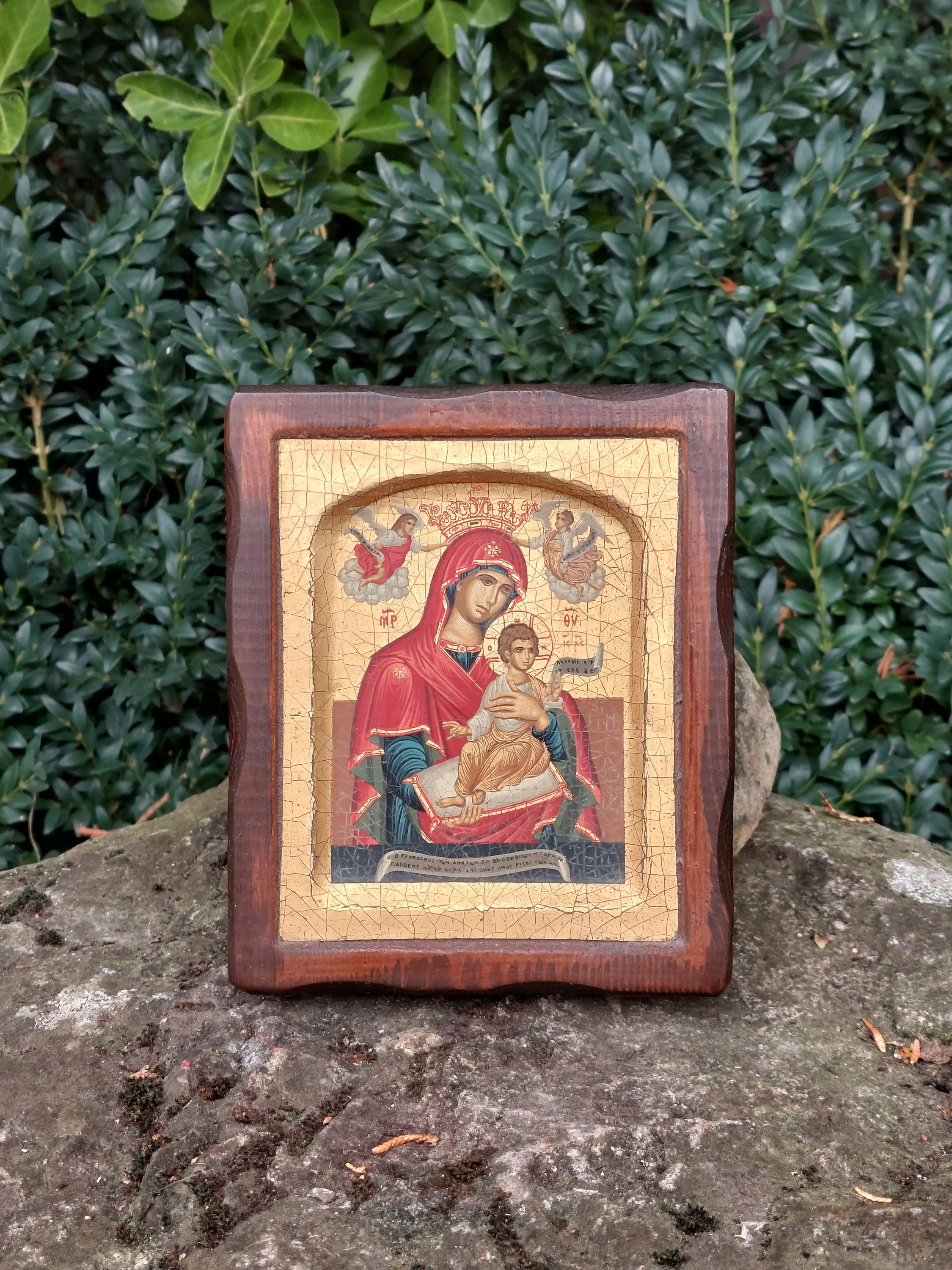 Religiöse Holzmalerei / klassische byzantinische Ikone „Die Jungfrau und das Kind“, Kefalonia (18. Jahrhundert)