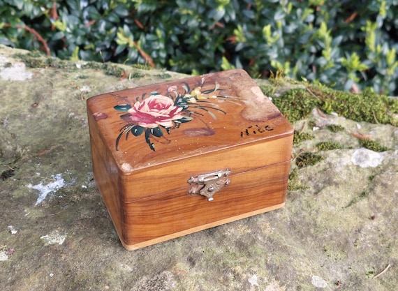 Boîte à Bijoux En Bois Verni, Décor Floral En Paille – Fait Main, Vintage, Léger Manque
