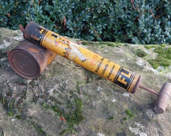 Old steel sprayer with wooden handle / Brand: FLIT, registered trademark, Made in France / Collectible and decorative object