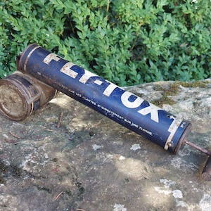 Old steel sprayer with wooden handle / Brand: FLY TOX / Object of collection and decoration