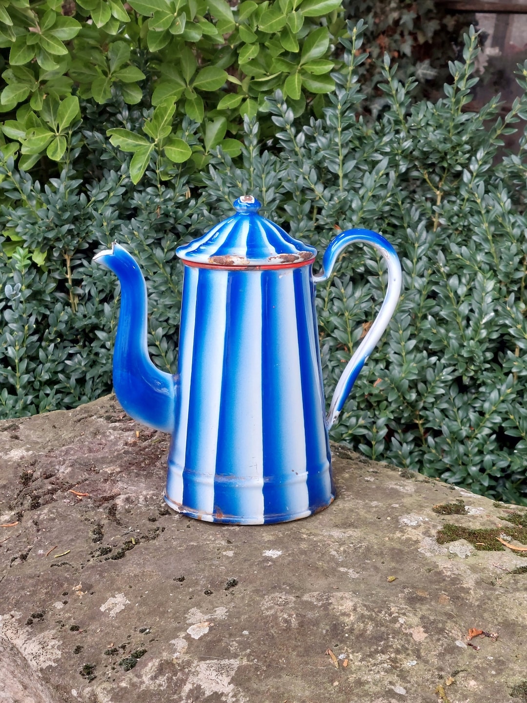 Old Enameled Sheet Metal Coffee Maker / Blue and White Color / Vintage