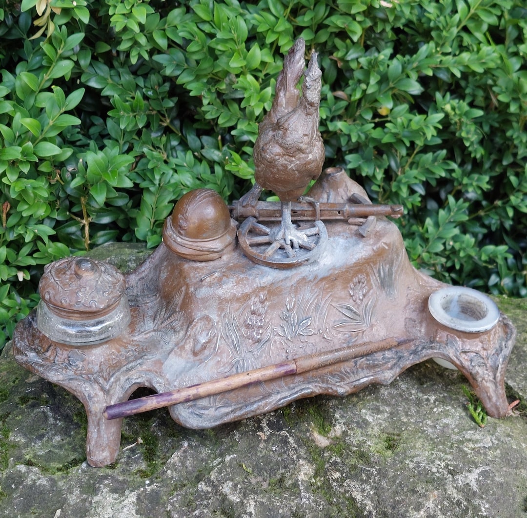 A. BOSSU Spelter Inkwell / War Souvenir, Rooster, Rifle / Glass ...