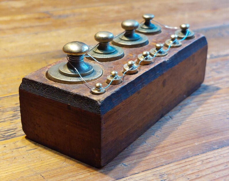 Antique Set of 11 Weights COMPLETE in Brass in Wooden Stand