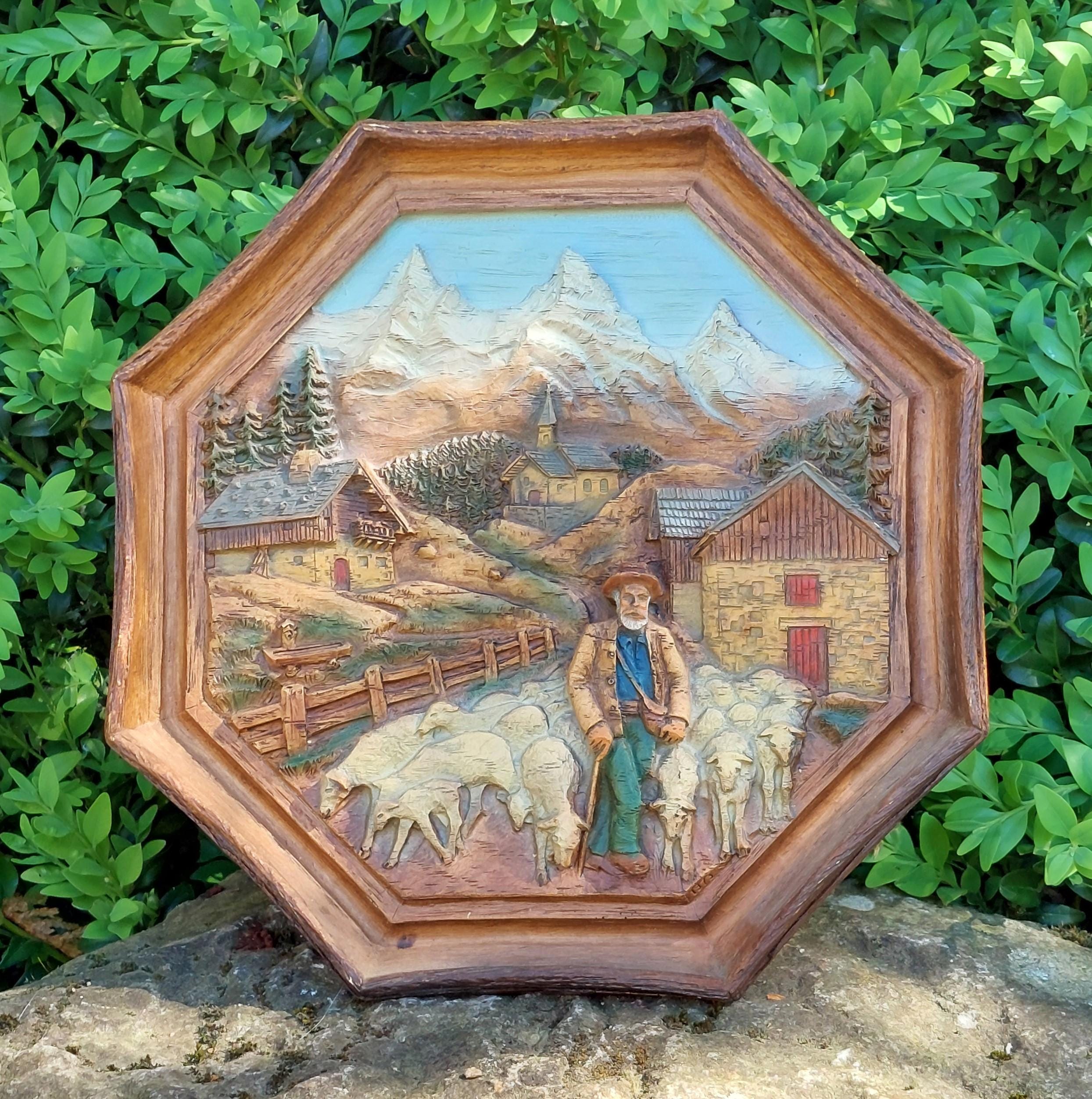Plaque Murale Bois Sculpté à La Main Vintage - Scène De Ferme Rurale, Fabriquée En France