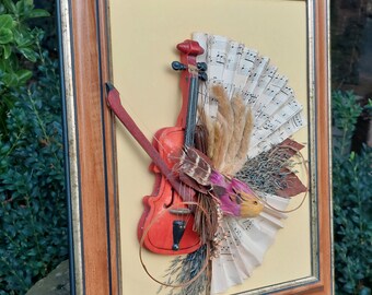 3D ヴィンテージ絵画 / 音楽テーマ、バイオリン、鳥 / ヴィンテージの