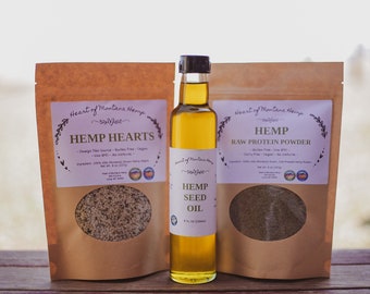 Hemp Food's Bundle - 100% USA Montana Grown-Hemp Seed Oil, Hemp Hearts, Hemp Protein. All Natural, Non GMO, Vegan, Gluten Free, Health Food