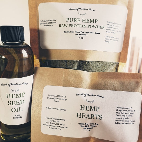 Hemp Food Sample Kit 100% USA (Montana)Grown and Made- Hemp Seed Oil, Hemp Hearts, Hemp Protein Powder-All Natural,Non GMO,Vegan,Gluten Free