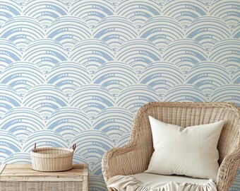 Blue Wavy Geometric Peel & Stick Accent Wall | Japanese Waves Removable Wallpaper