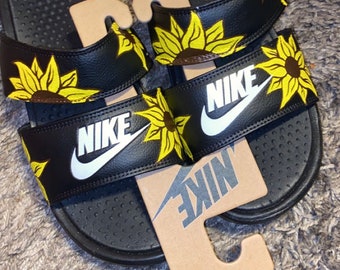 nike slides with sunflowers on them