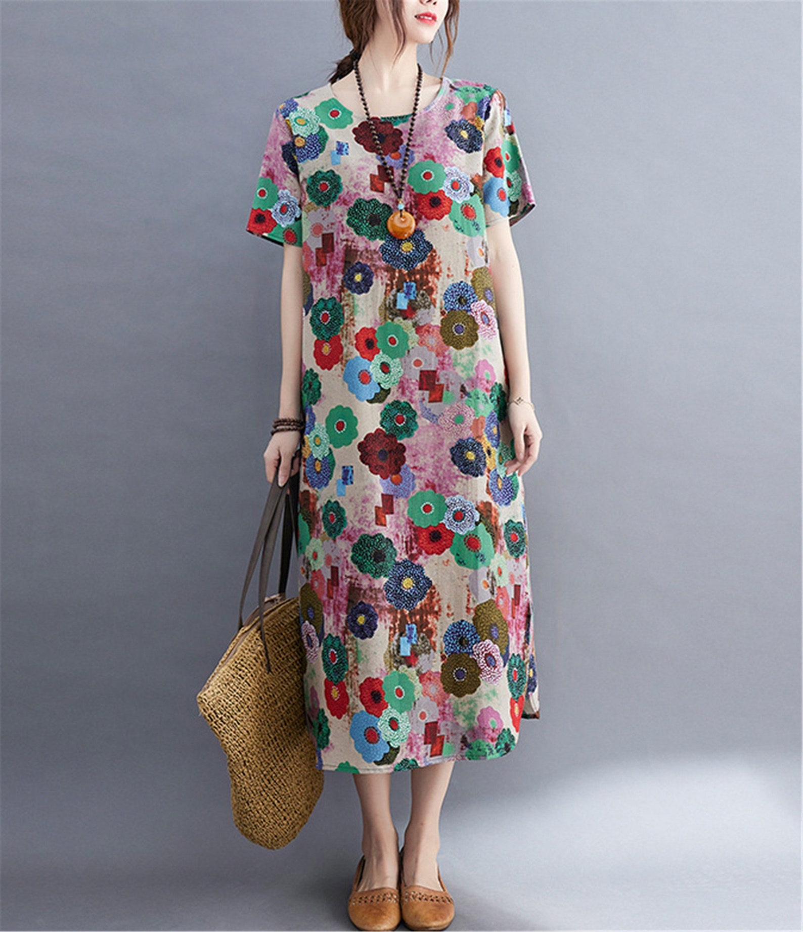 Women's Retro Loose Printed Linen Dresses Short Sleeve Etsy