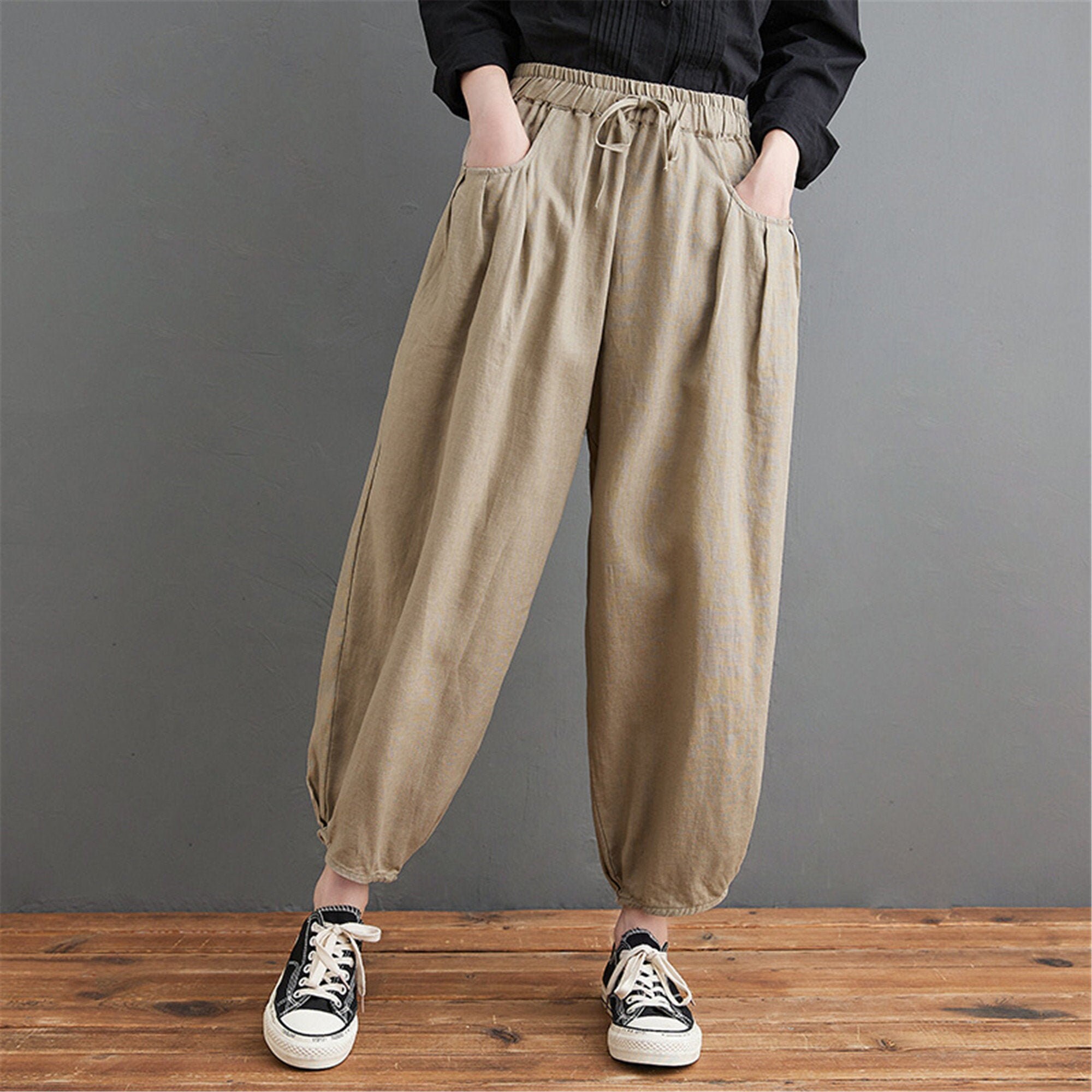Loose Linen Pants Linen Elastic Waist Cropped Trousers | Etsy
