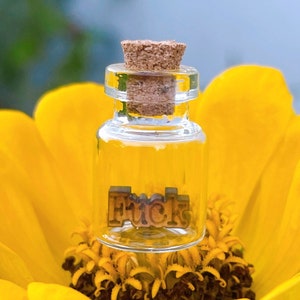 May include: A small, clear glass bottle with a cork stopper, containing the word "Fuck" in wooden letters. The bottle sits atop a vibrant yellow flower, with a blurred green and blue background.